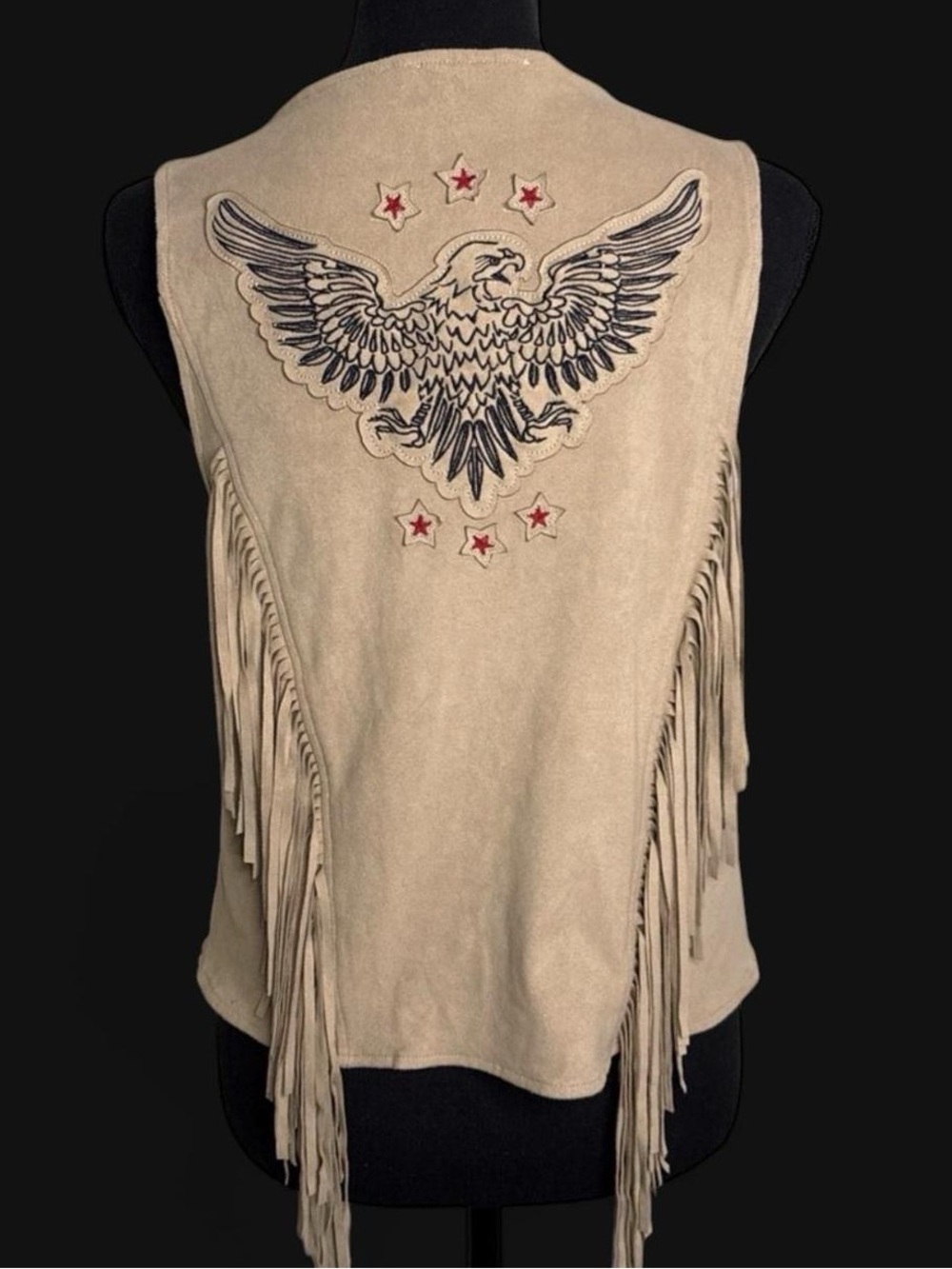 IDYLLWIND Miranda Lambert Tan Fringe Vest Faux Suede Large Eagle Americana